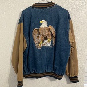 Vintage Two-Tone Denim Varsity Jacket w/ Embroidered Eagle
